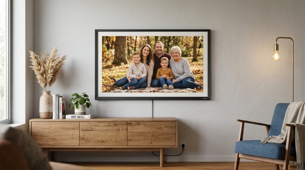 A sleek digital art frame mounted on a wall displaying abstract contemporary digital artwork.