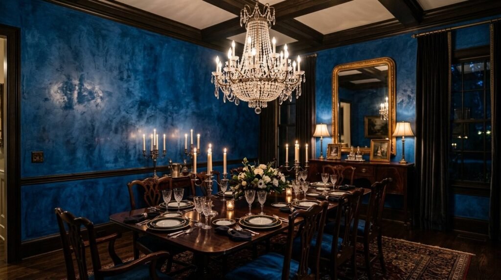 A sophisticated modern dining room interior with elegant decor and high-end furniture.