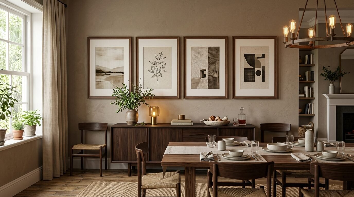 Wooden sideboard topped with framed prints and a lamp in a cozy dining room