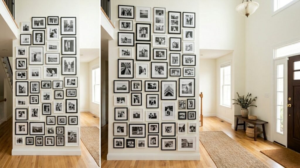 A beautifully designed entryway wall with modern architectural details and stylish home decor accents.