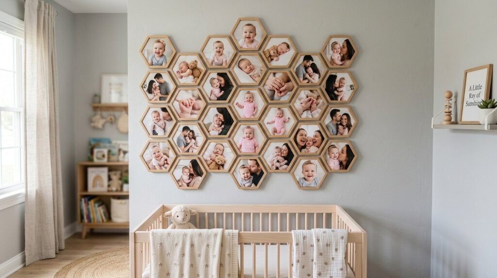A stylish geometric wall display featuring minimalist shelf arrangements on a neutral background.
