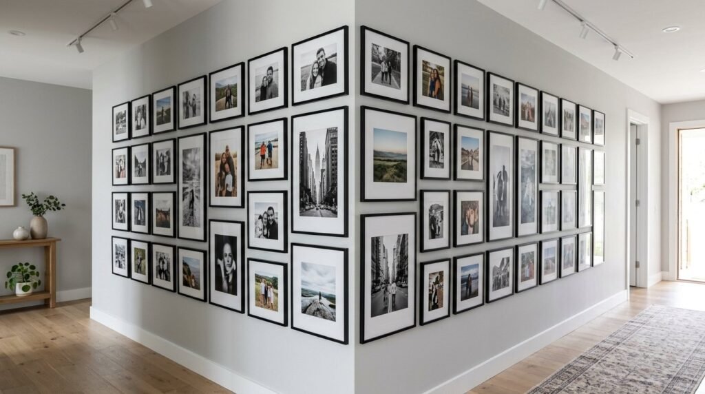 A well-lit modern home hallway featuring a curated gallery wall with framed photographs.