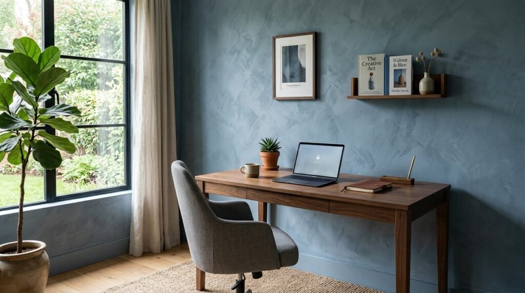 A clean and organized modern home office desk setup with natural light.