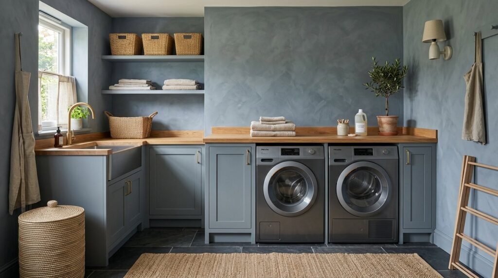 A clean and organized modern laundry room with white cabinetry and a sleek countertop.