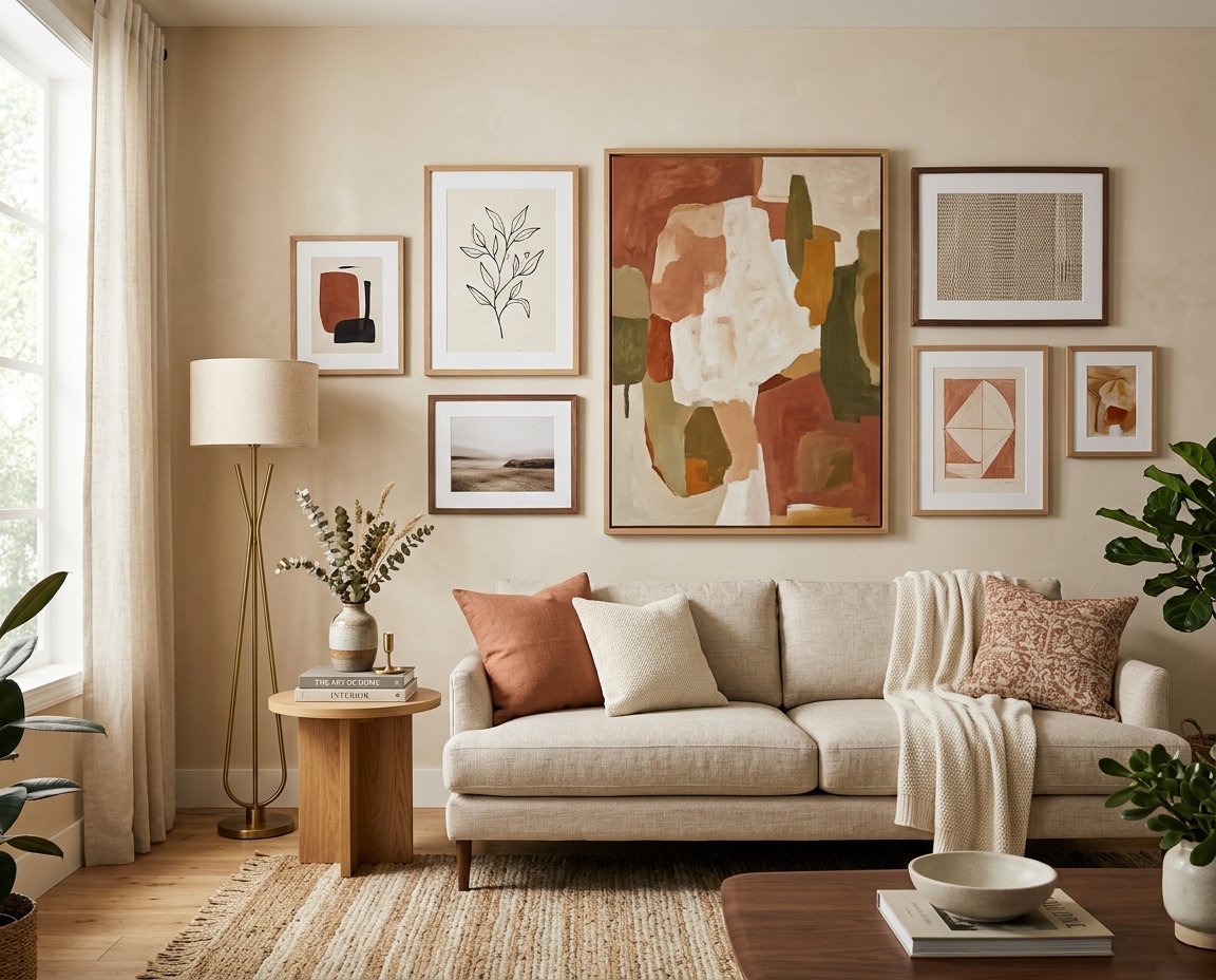A beige sofa sits beneath a gallery wall of abstract art in a light, minimalist living room.