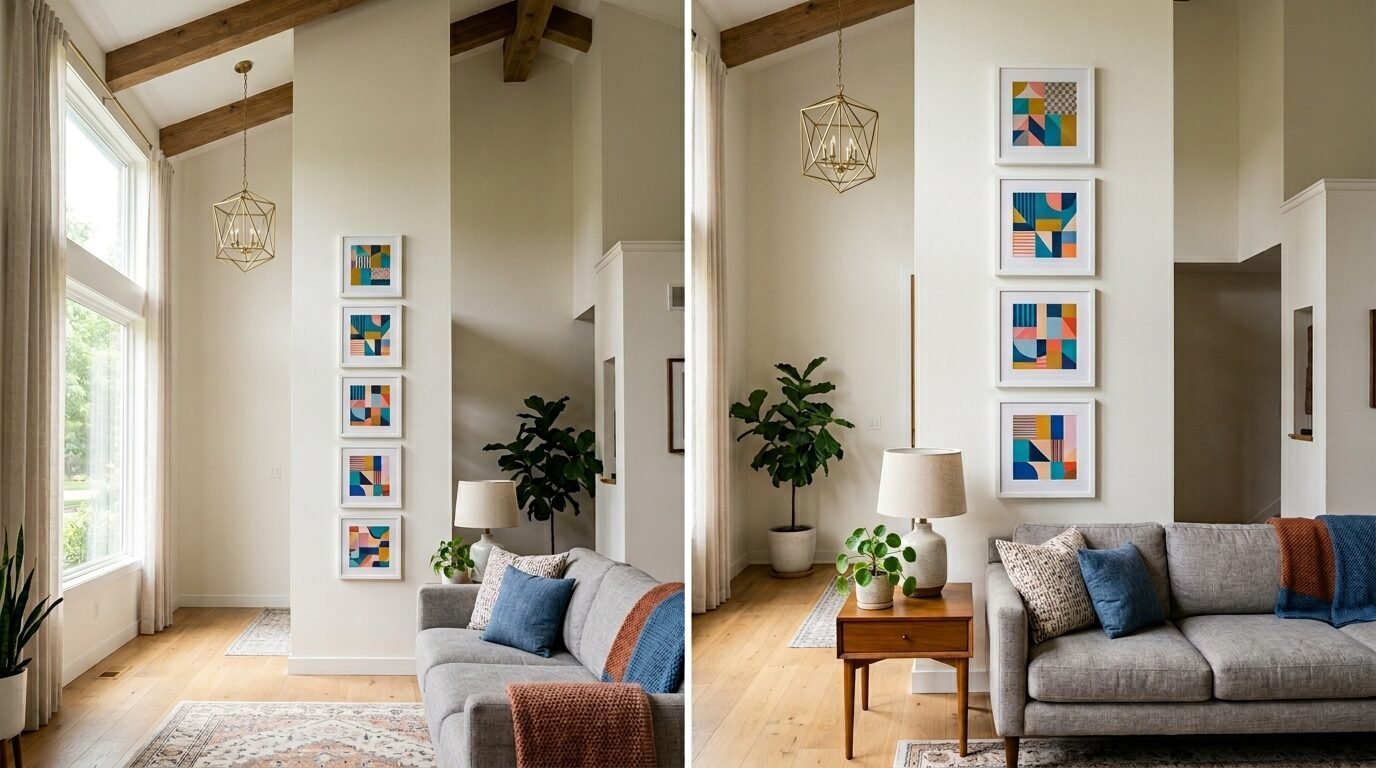 Split view showing a modern living room featuring five framed abstract colorful square art prints hung vertically.