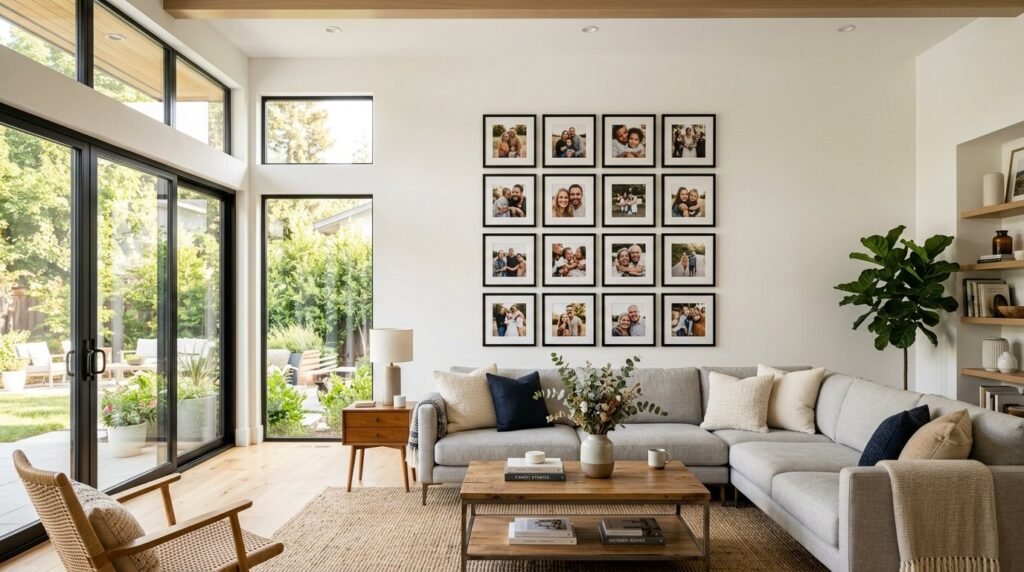 A stylish and modern living room interior featuring minimalist furniture and warm lighting.