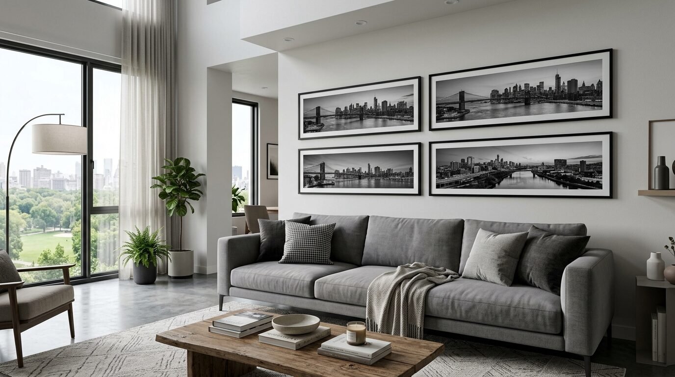 Modern grey couch below four framed panoramic black and white skyline prints on a white living room wall.