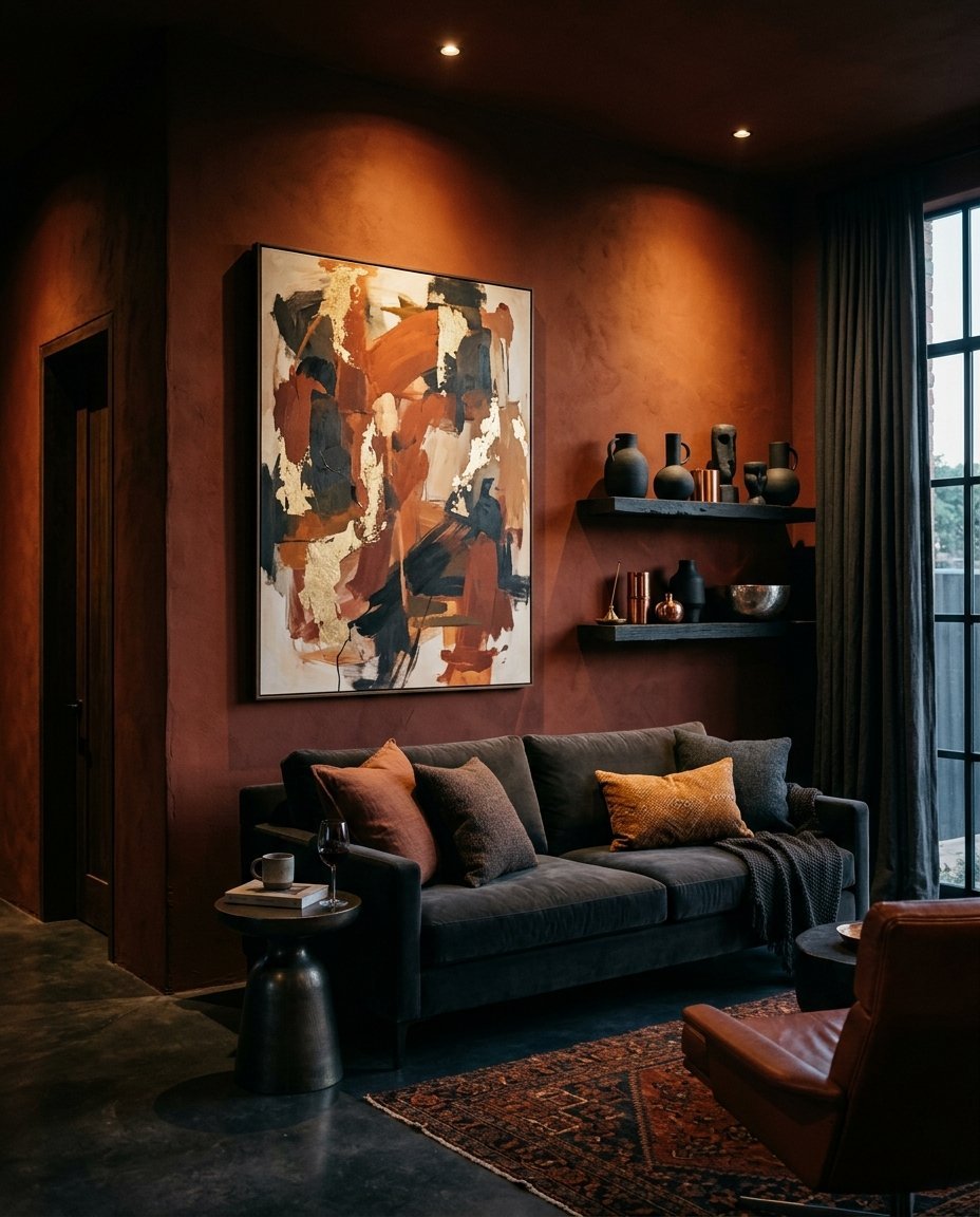 A dark, moody living space featuring terracotta walls, a charcoal sofa, and gold-leaf abstract wall art.