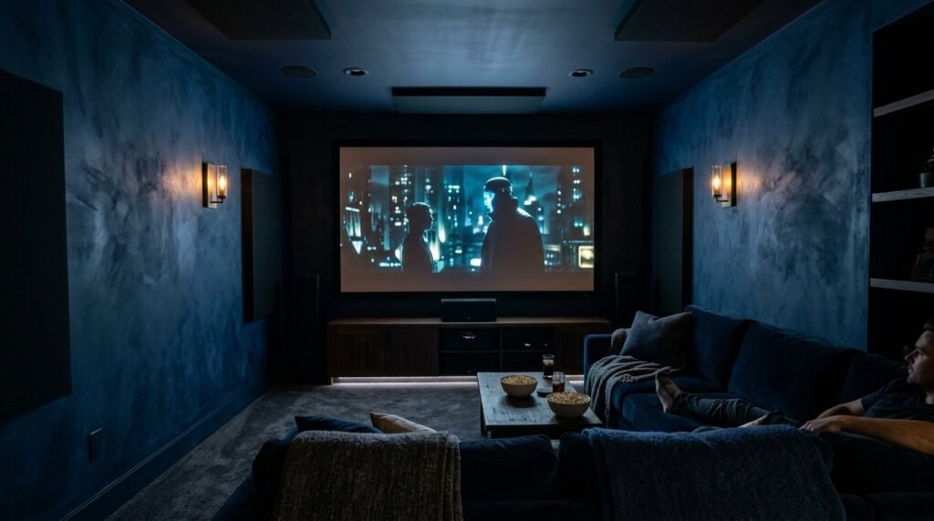 A stunning modern home theater room with cinematic lighting and comfortable seating.