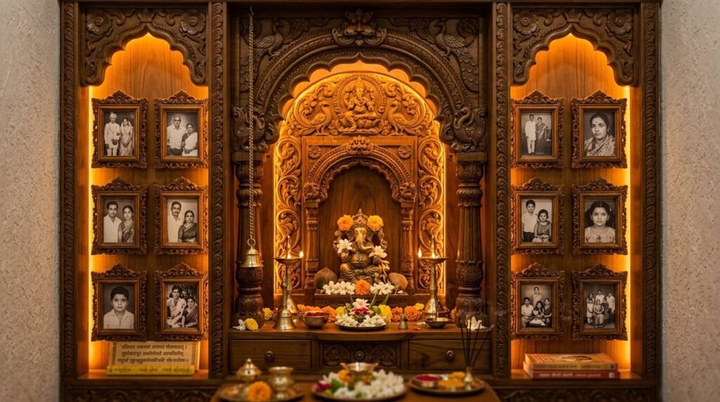 A beautiful modern pooja room niche with minimalist decor and warm ambient lighting.