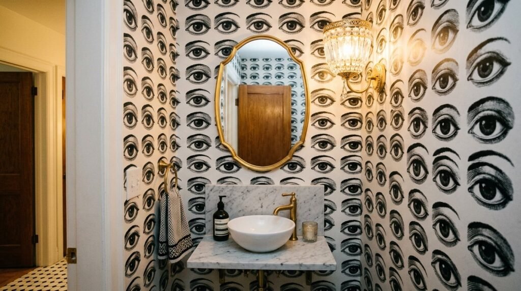 A stylish and modern powder room interior with sophisticated decor and contemporary finishes.