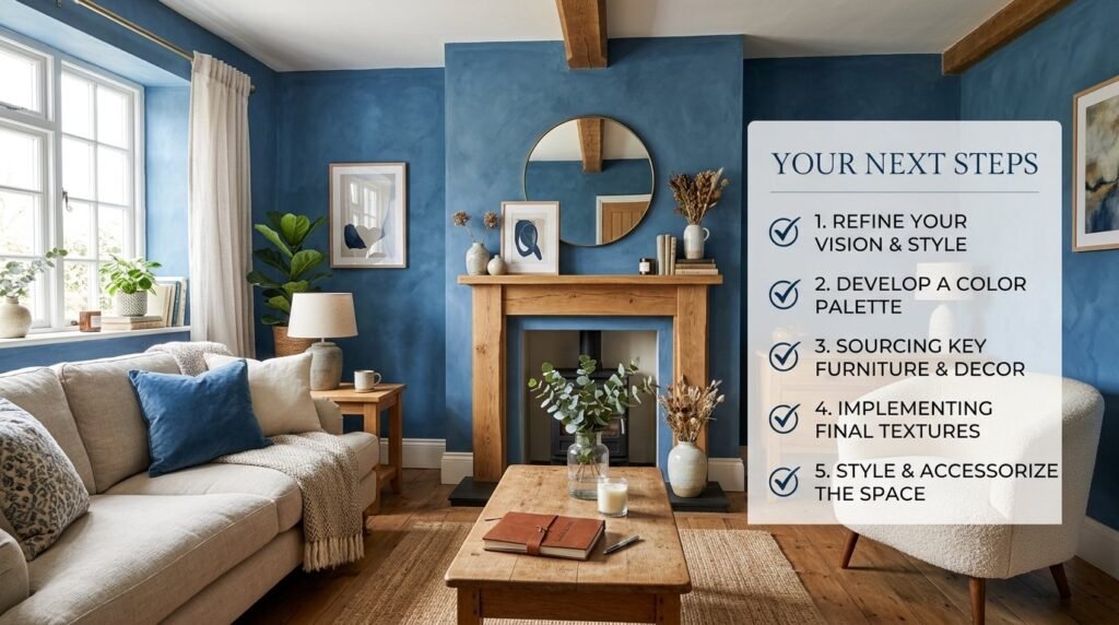 A stylishly decorated modern room featuring sophisticated blue design elements and contemporary furniture.