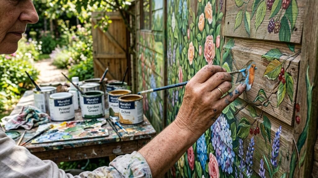 A skilled artist painting a colorful floral garden mural on an outdoor wall.