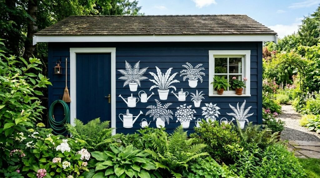 A stylish backyard storage shed painted in a deep navy blue color with white trim.