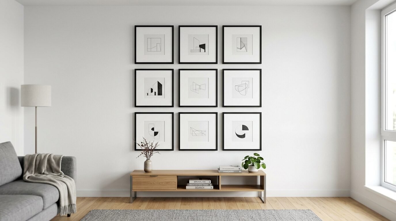 Living room wall featuring a 3x3 grid of framed abstract geometric sketches above a light wooden media console.