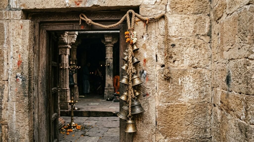 Intricately crafted traditional Indian brass temple artifact with fine cultural engravings and antique finish.