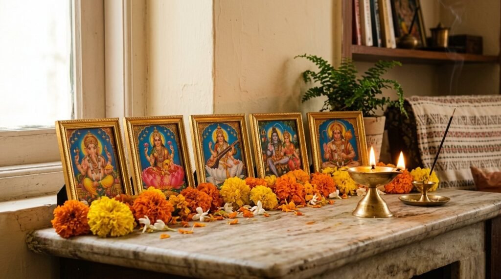 A peaceful spiritual meditation corner featuring natural elements and soft lighting for mindfulness and relaxation.