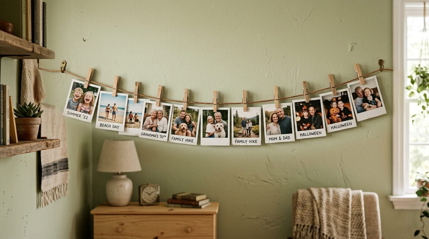 Decorative string of family polaroid prints attached with wooden clips on a green wall.