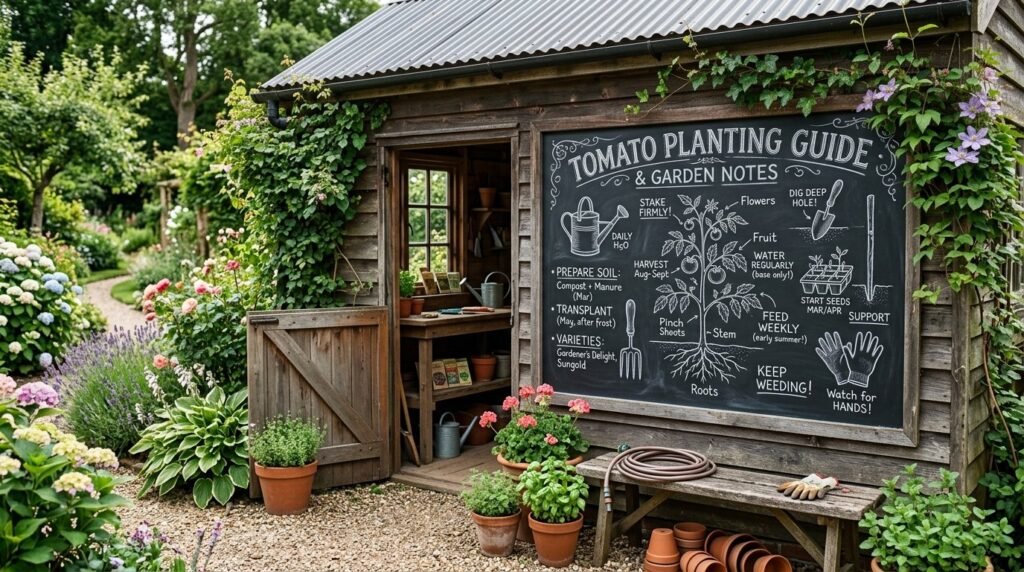 A rustic wooden chalkboard hanging inside a garden potting shed for planting notes.