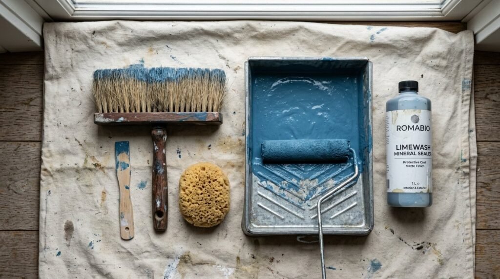 Professional brushes and mixing equipment used for applying natural limewash paint to interior walls.