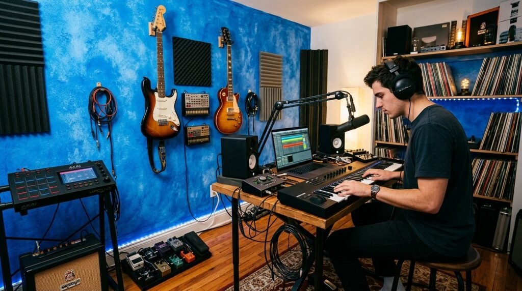 A professional music recording studio with mixing console and acoustic panels.