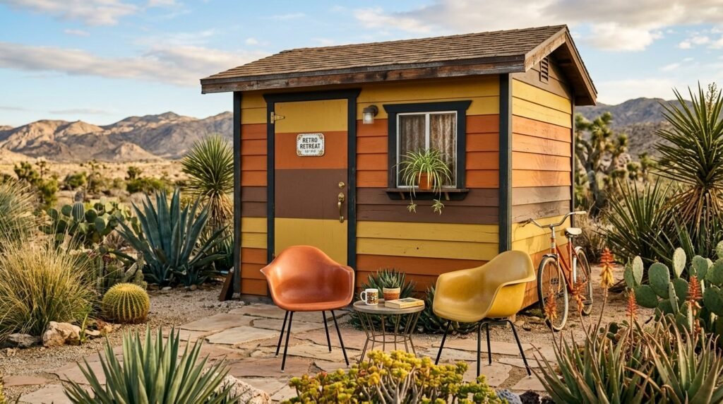 A nostalgic 1970s wooden backyard shed with vintage aesthetic and rustic garden decor.