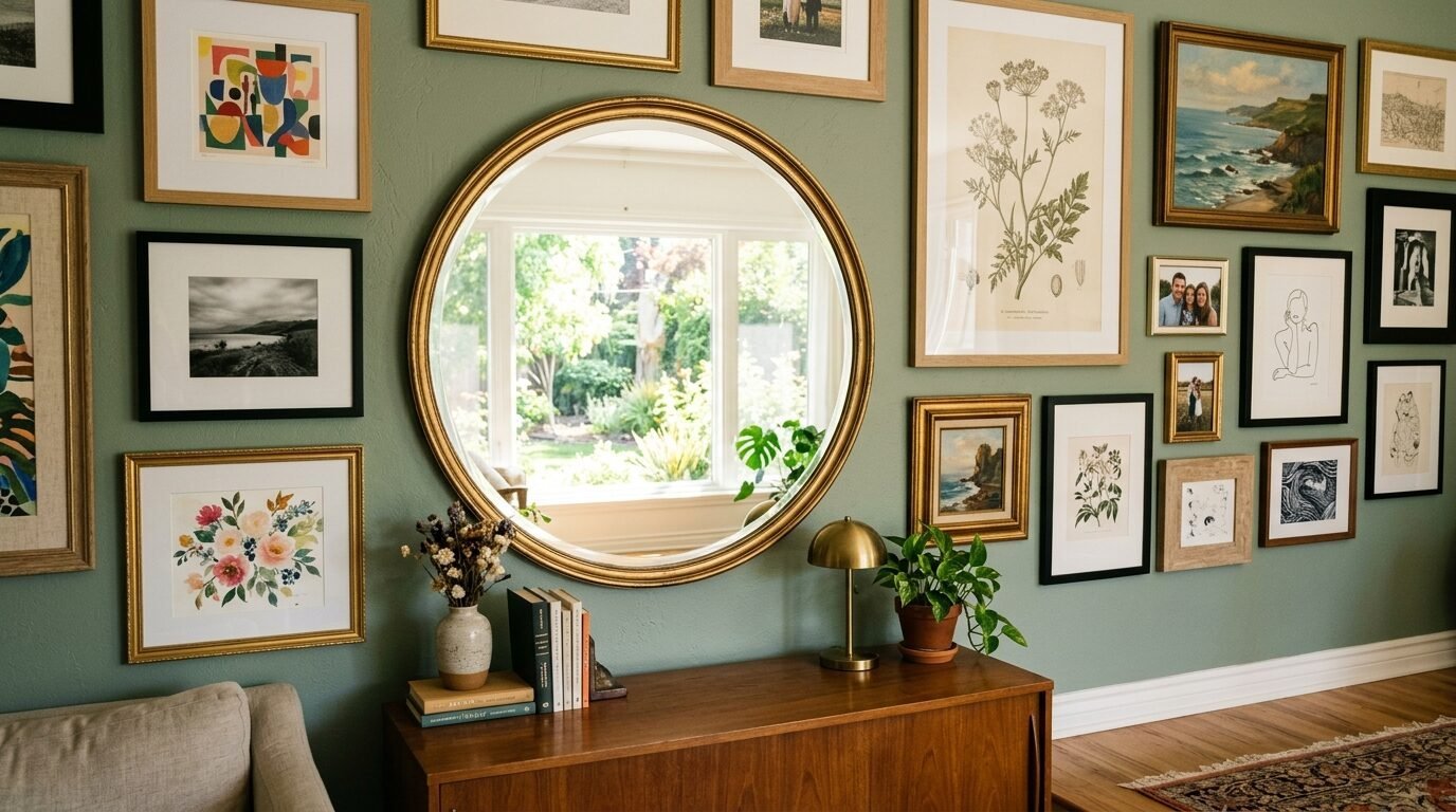A circular gold-framed mirror surrounded by diverse framed art pieces on a sage green wall above a wood sideboard.