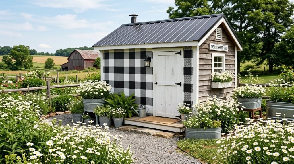 A weathered farmhouse shed standing in a green field during a sunny day.