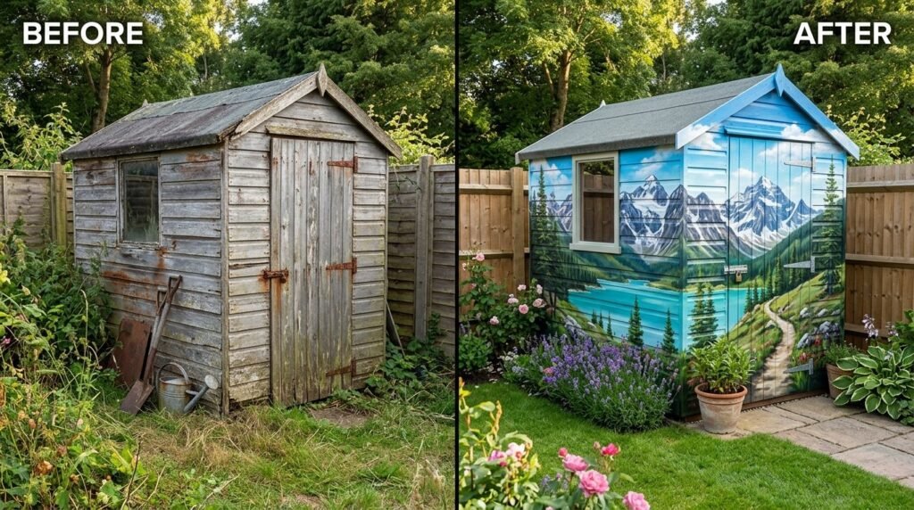 A rustic, weathered shed standing alone in a scenic mountain valley under an open sky.