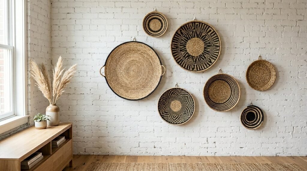 A collection of seven natural hand woven seagrass baskets arranged on a light surface.