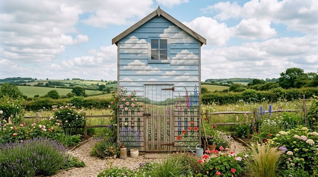 A rustic garden shed set against a vivid backdrop of a painted blue sky.