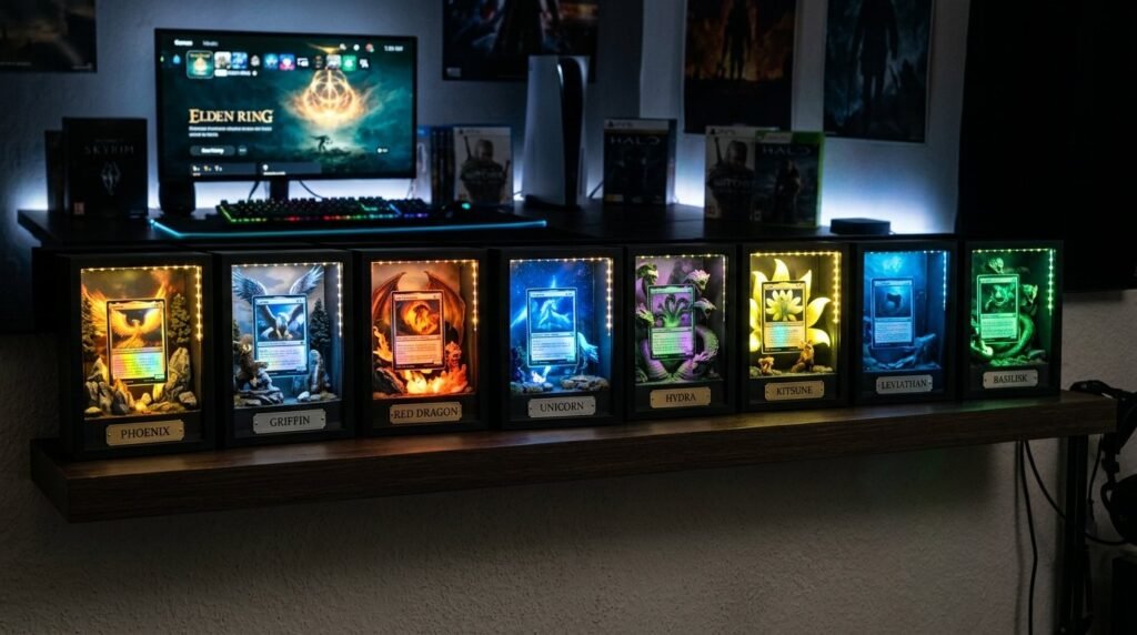 A modern shelf showcasing a collection of detailed 3D printed objects and prototypes.