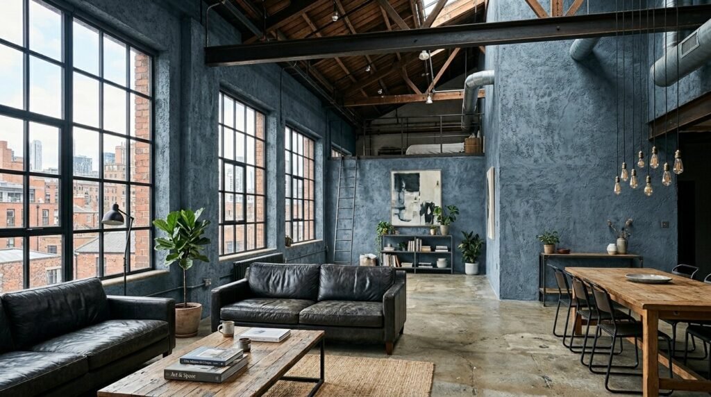 A bright and spacious industrial loft featuring high ceilings, open floor plan, and architectural windows.