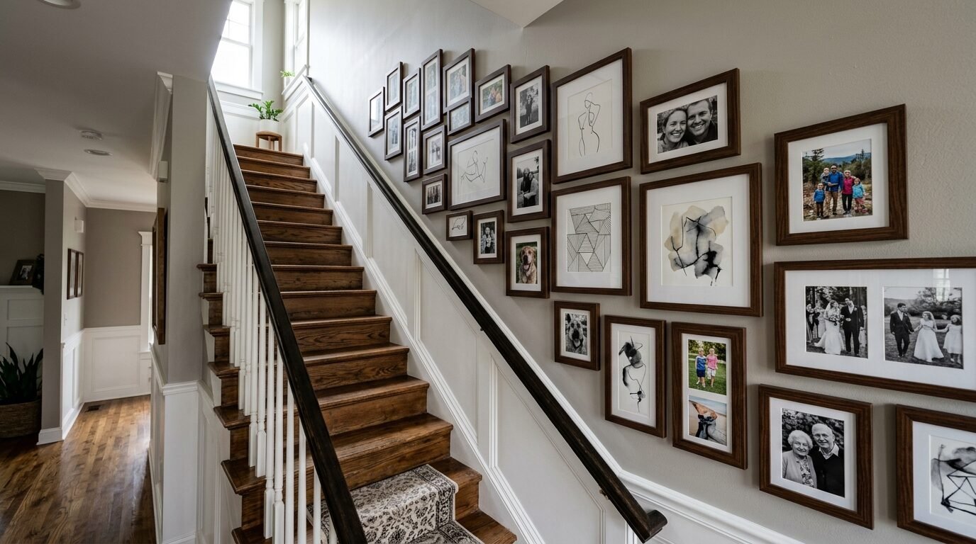 Wooden steps lead up past a wall featuring numerous framed family photos and artistic line drawings.