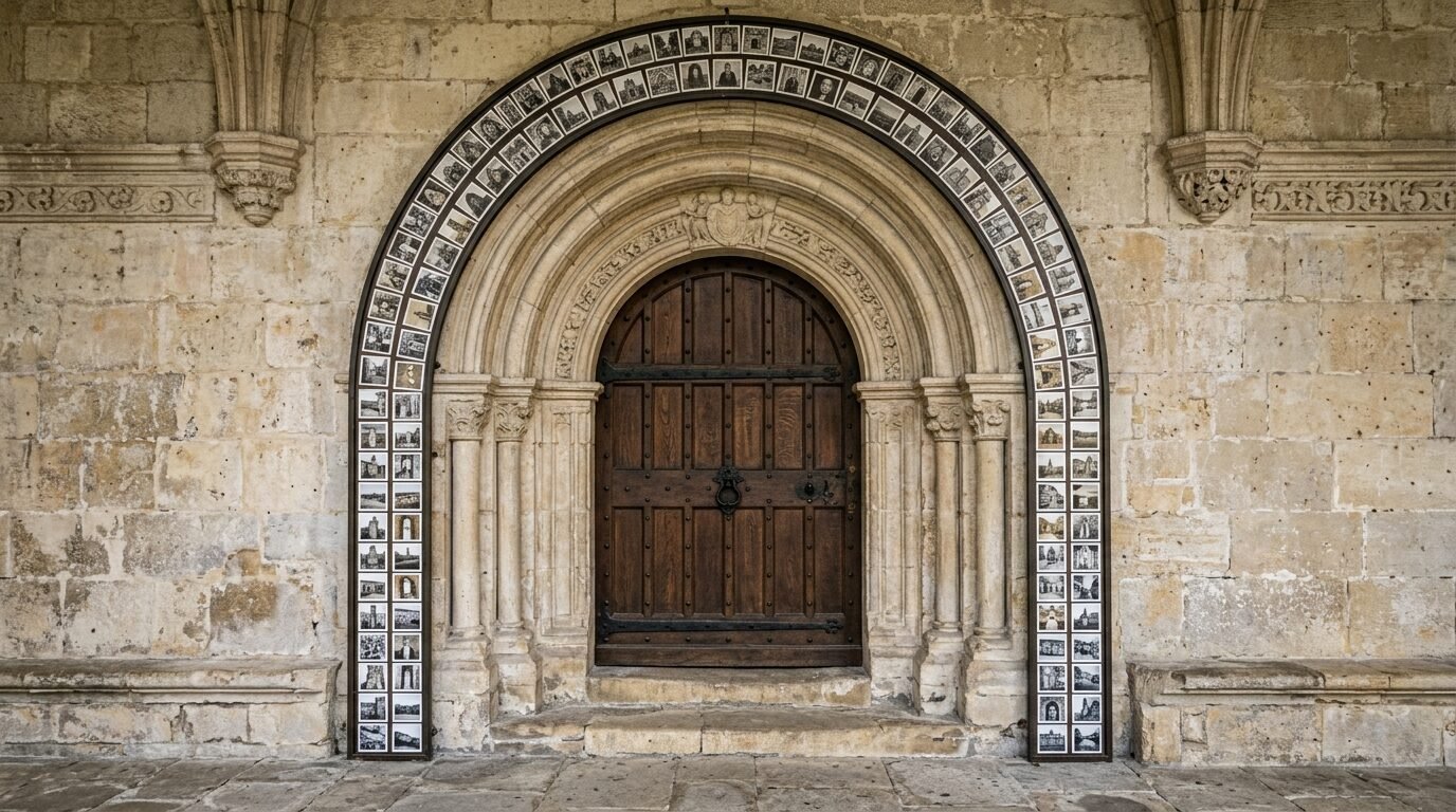 A rustic wooden door set within an ornate stone arch lined with a collage of square black and white images.