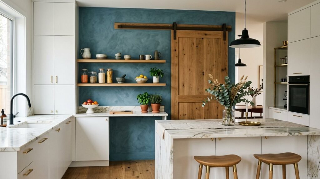 Close up view of a rich teal blue limewash wall with natural texture.