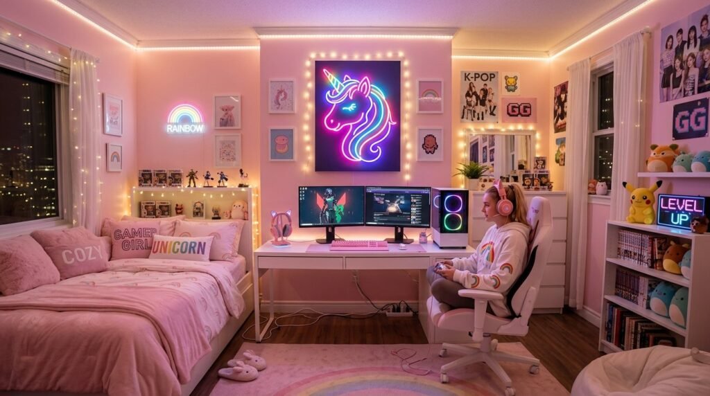 A teenage girl focused on her screen while playing a video game in a colorful neon-lit gaming bedroom.