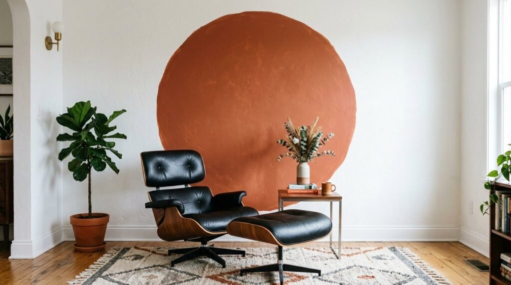 A minimalist terracotta circle mural featured on a textured interior wall.