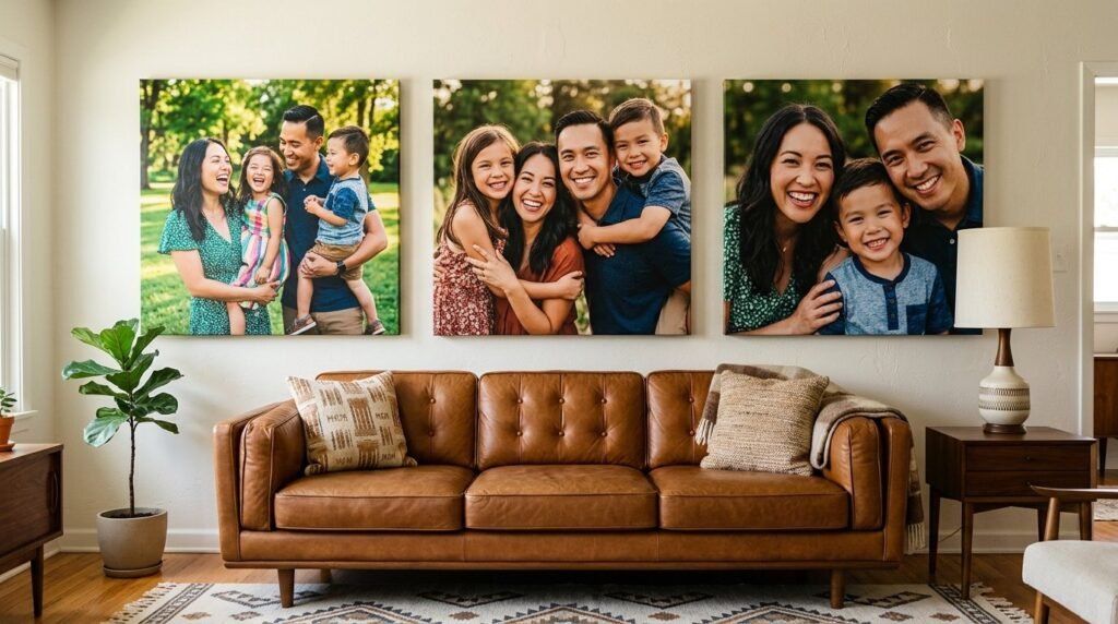 A set of three matching rectangular canvases hanging symmetrically on a clean wall above furniture.