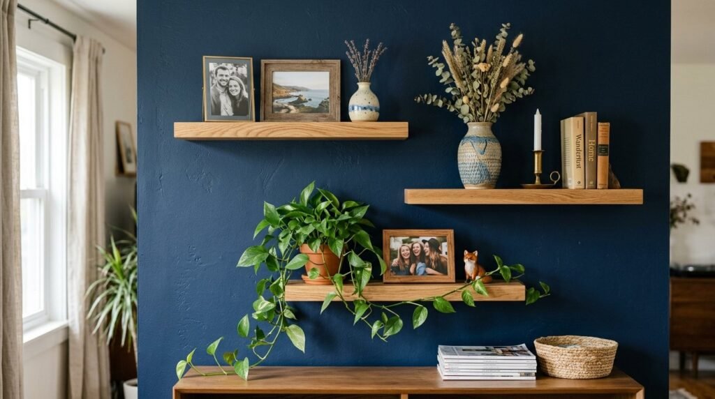 Three natural oak floating shelves mounted on a clean white wall with minimalist decor.