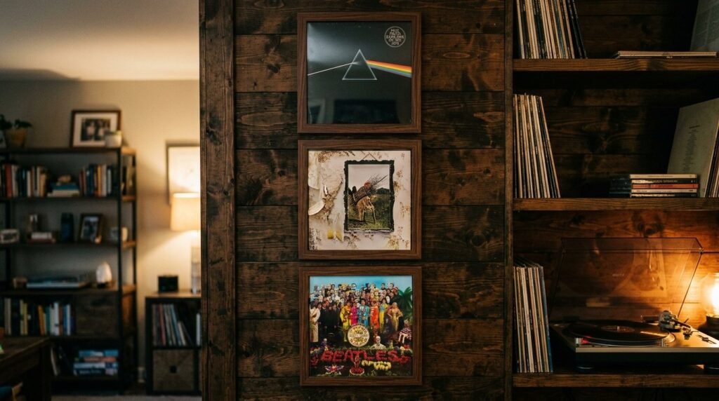 Three vintage vinyl records framed and mounted neatly on a clean interior wall for home decor.