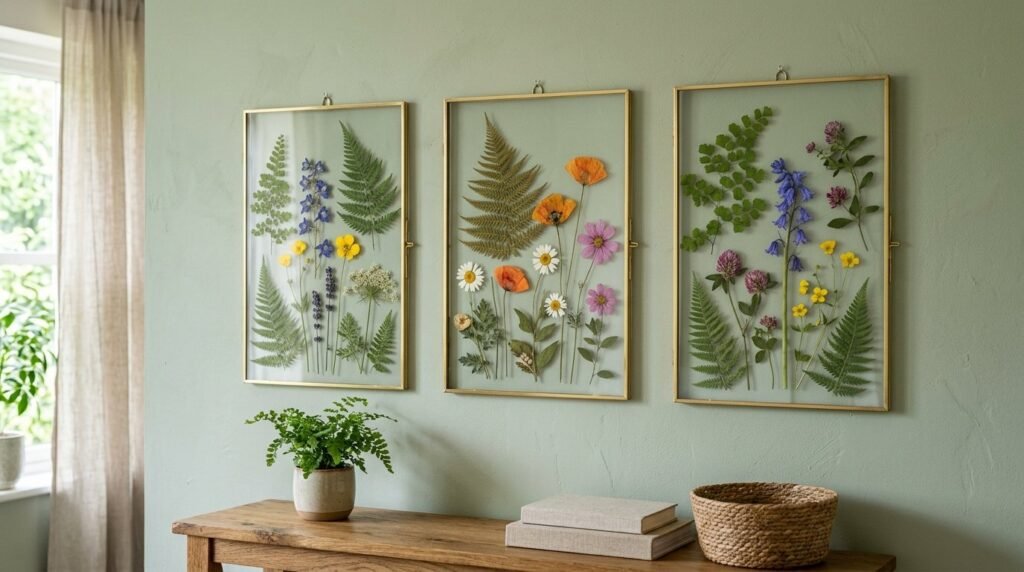 Three clear glass picture frames standing in a row on a wooden surface.