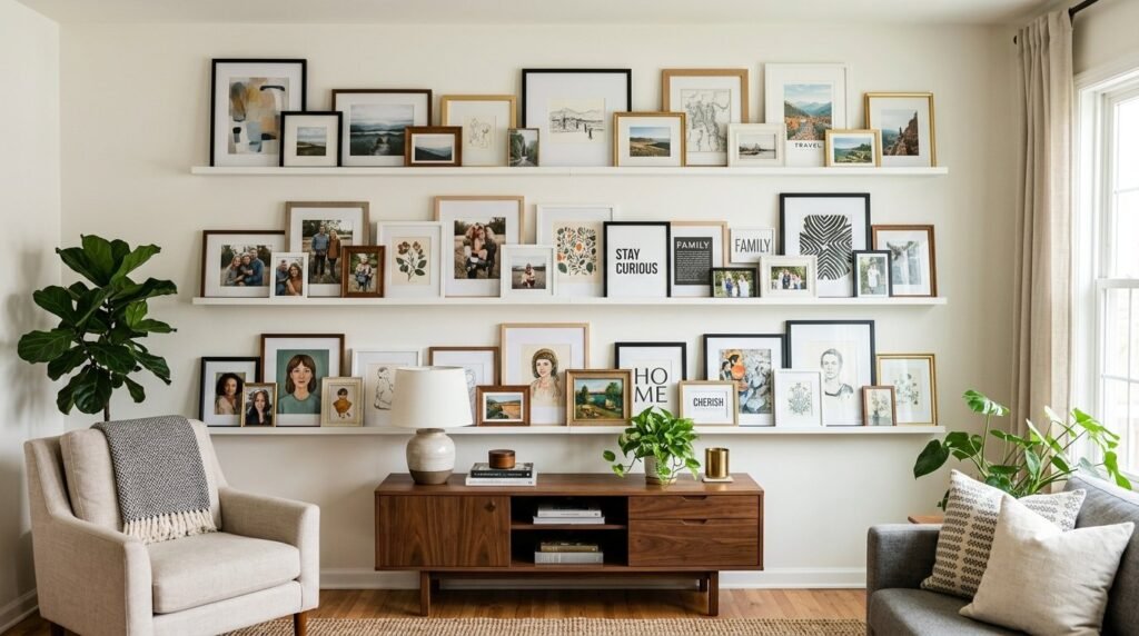 Three clean white picture frames hanging neatly against a neutral gallery wall.