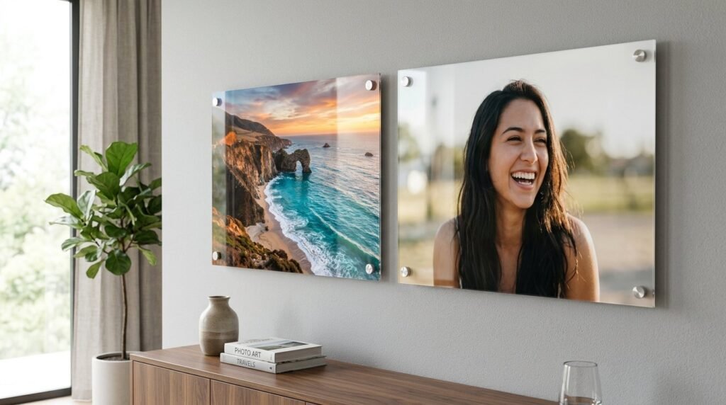 Two clean and clear transparent acrylic panels standing side by side in a professional studio setting.