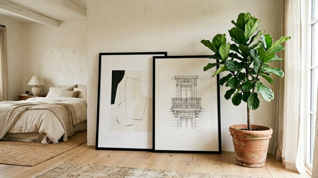 Two empty wooden picture frames leaning against a white wall in a bright, minimalist room.