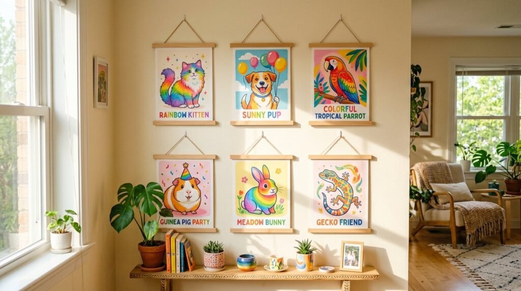 A vibrant rainbow aesthetic wall featuring colorful vertical stripes and artistic modern design elements.