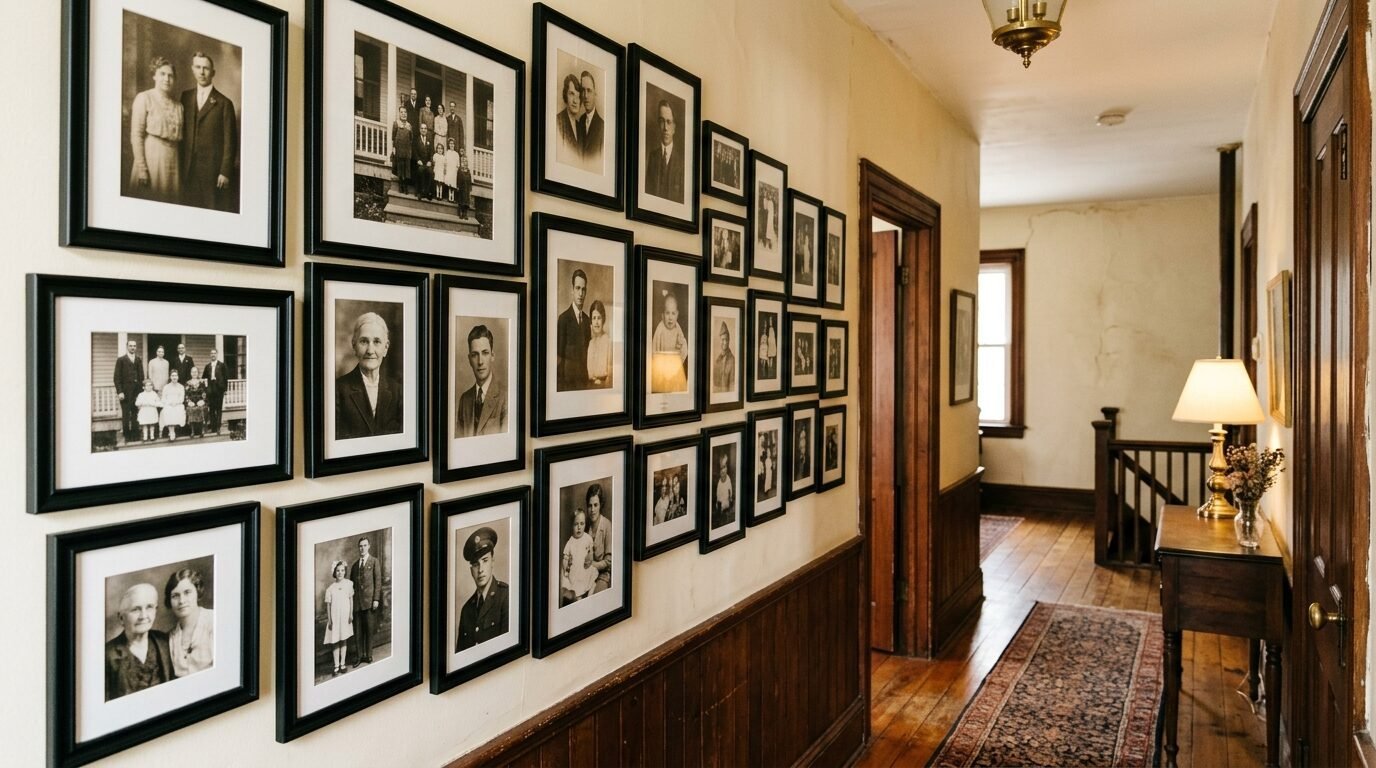 Many antique framed family photographs displayed on a hallway wall in a traditional wooden home.