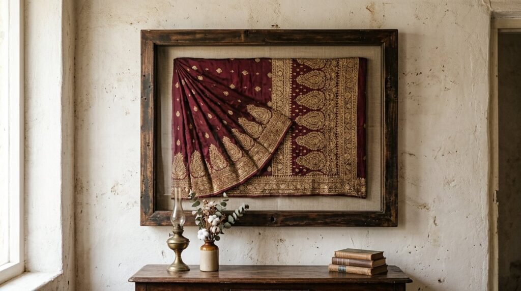 Close up view of a vintage silk sari featuring ornate traditional embroidery and rich woven patterns.