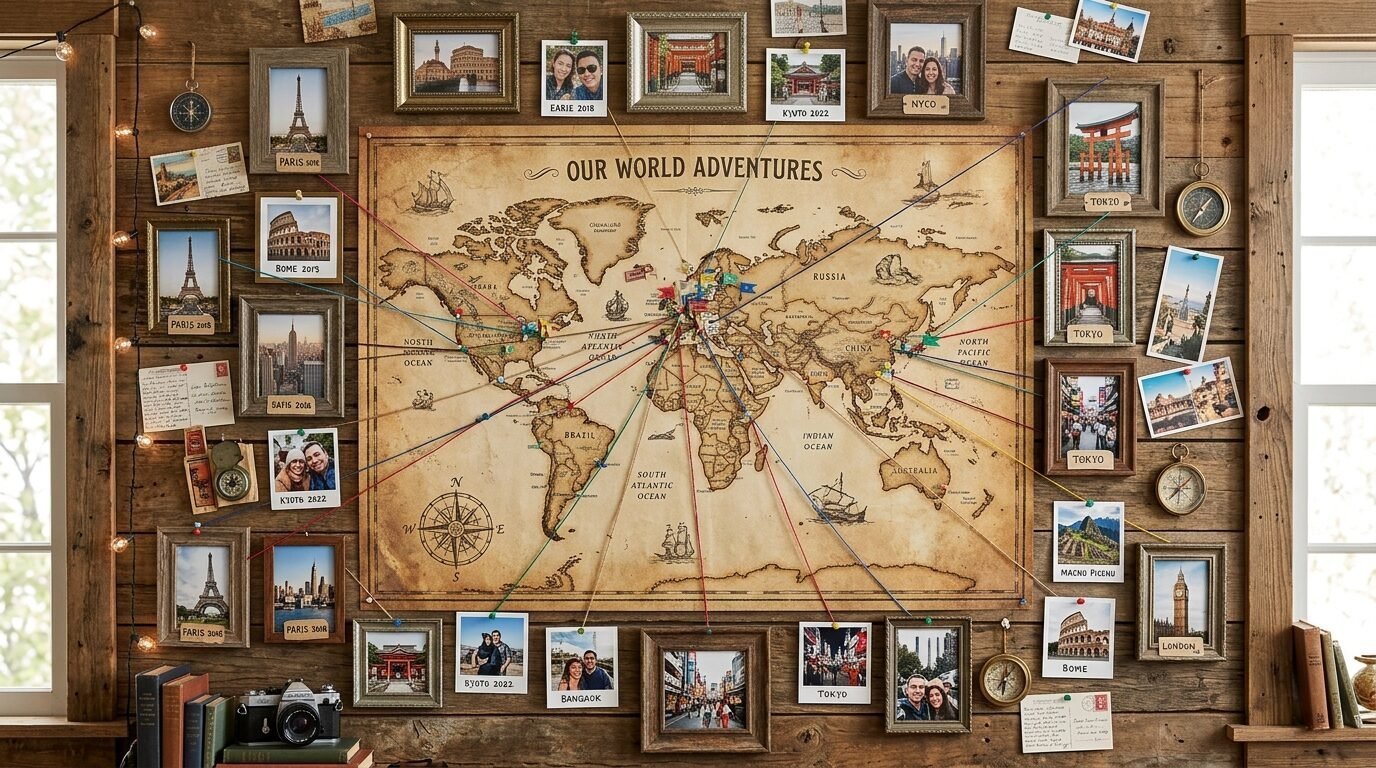 Rustic wooden wall featuring a vintage world map connected to framed travel photos by colorful string.